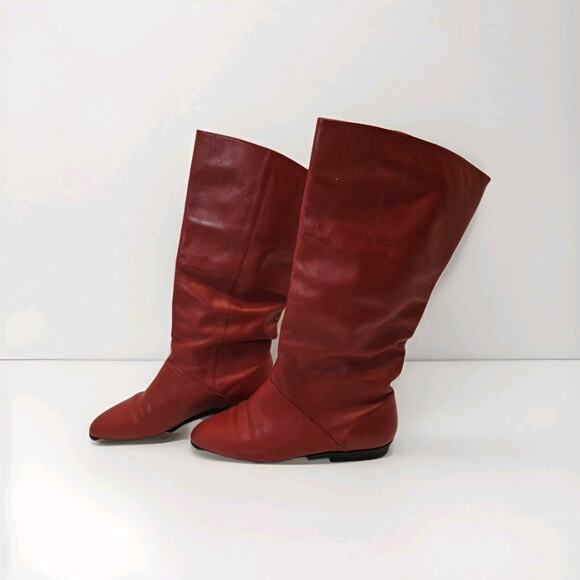 Vintage Sandler of Boston Leather Women Sz 7 Red Retro Slouch Flat Boot 1980's - Picture 1 of 9